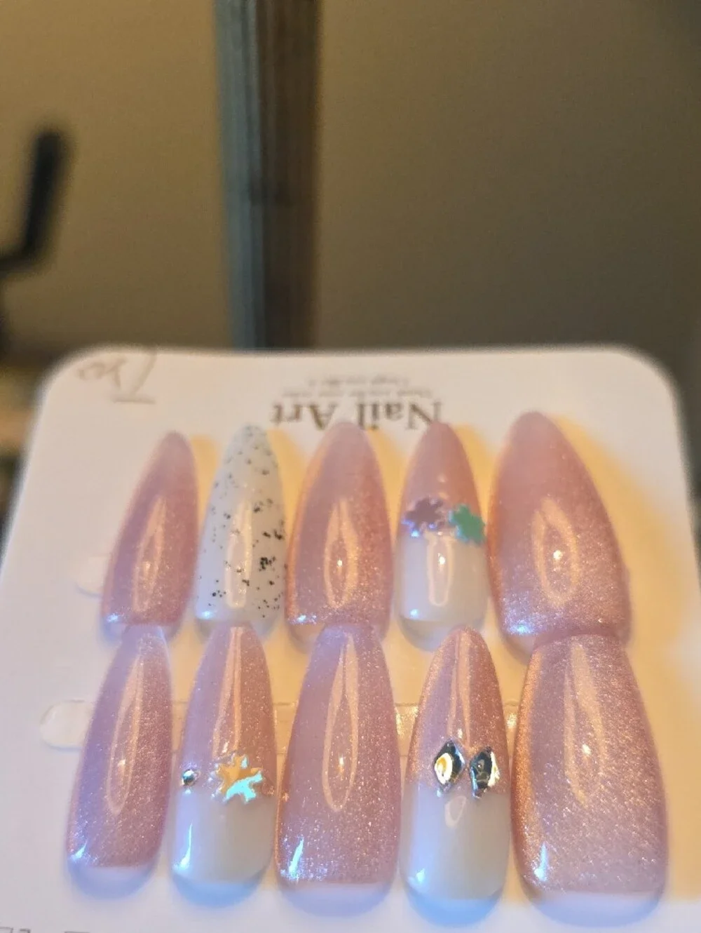 Elegant Pink Sparkle Press-On Nail Set with White Accent Size Large